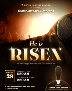 Easter Sunday flyer: “He is Risen” in gold serif over a sunrise